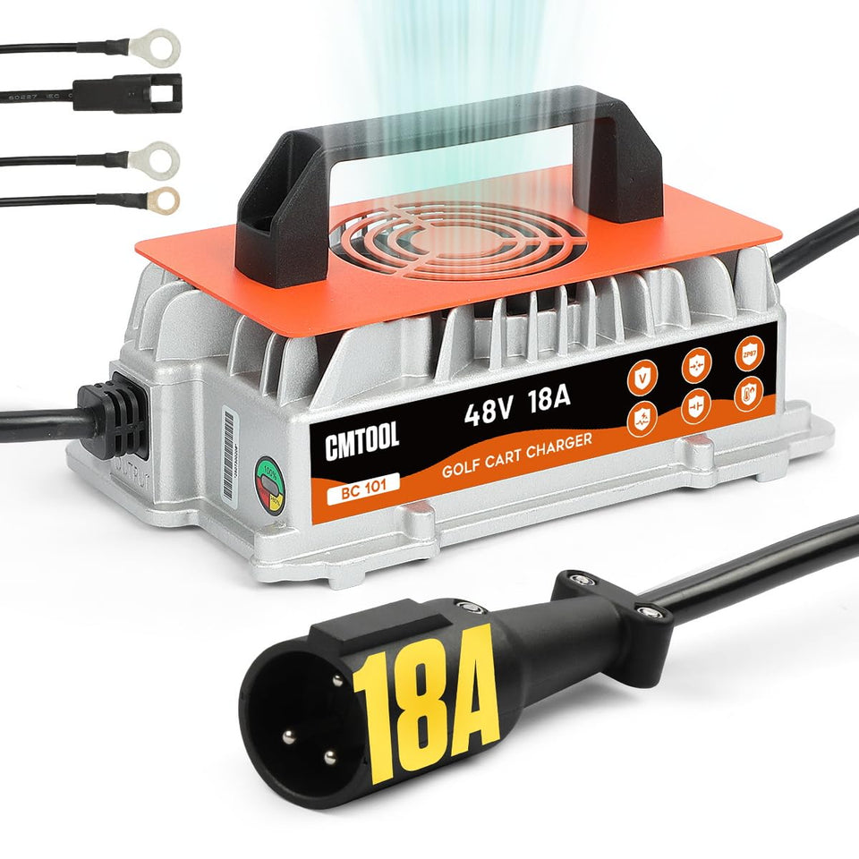 CMTOOL 48V 18A charger powering Club Car with fast-charging performance for longer rides