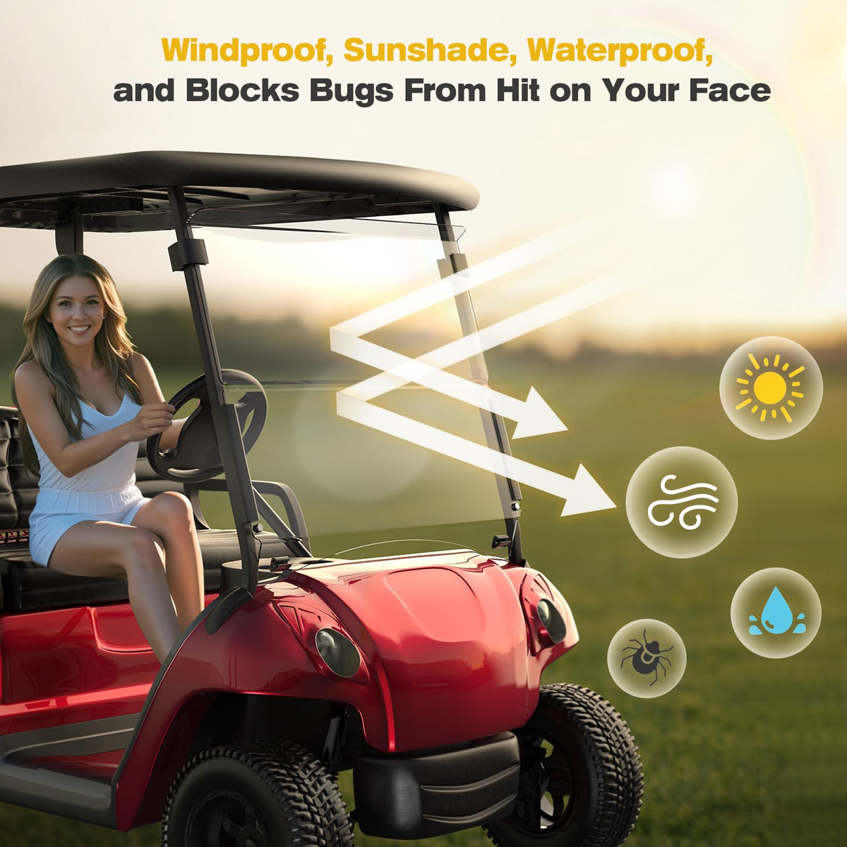 Coivy Club Car Precedent windshield providing 375x330 coverage for protection on course.