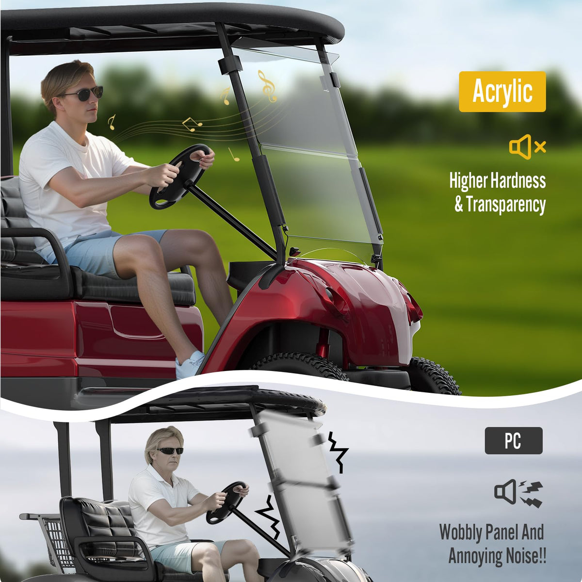 Coivy foldable windshield offers weather protection for Club Car Precedent on the go.