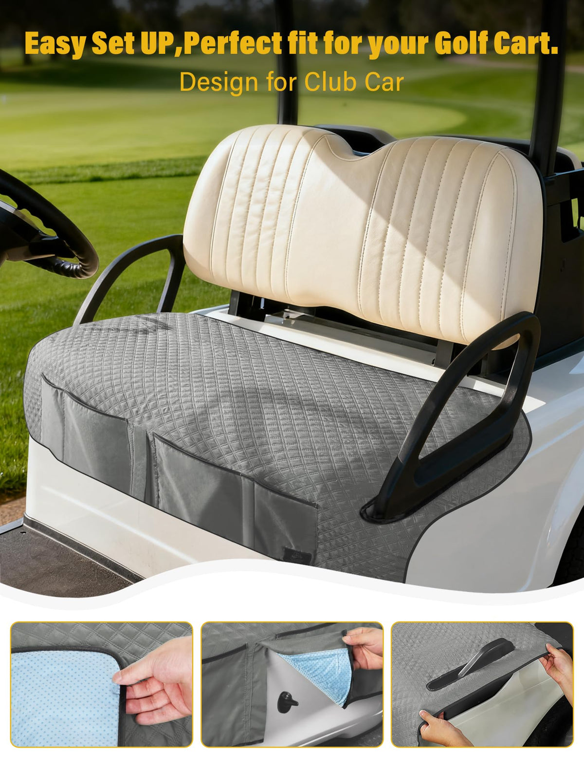 Coivy seat cover highlights four front pockets for course storage