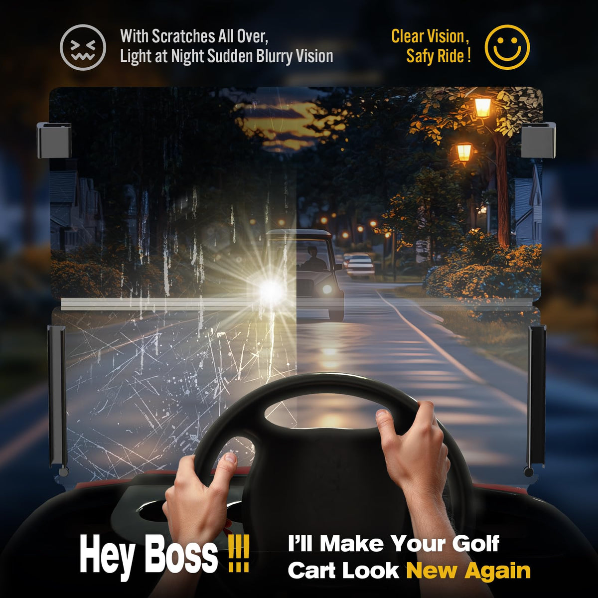 Coivy replacement windshield in clear acrylic for Club Car Precedent with enhanced clarity.
