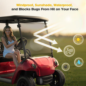 Coivy foldable design adapts to rain or shine for golf cart use.