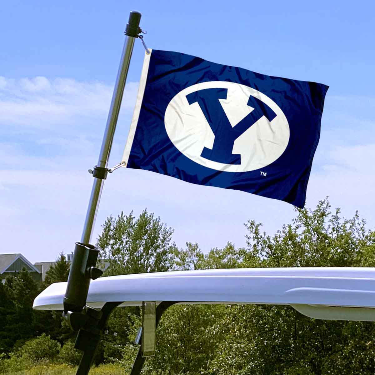 College Flags & Banners Co. adjustable bracket fits square or round frames for easy mounting.