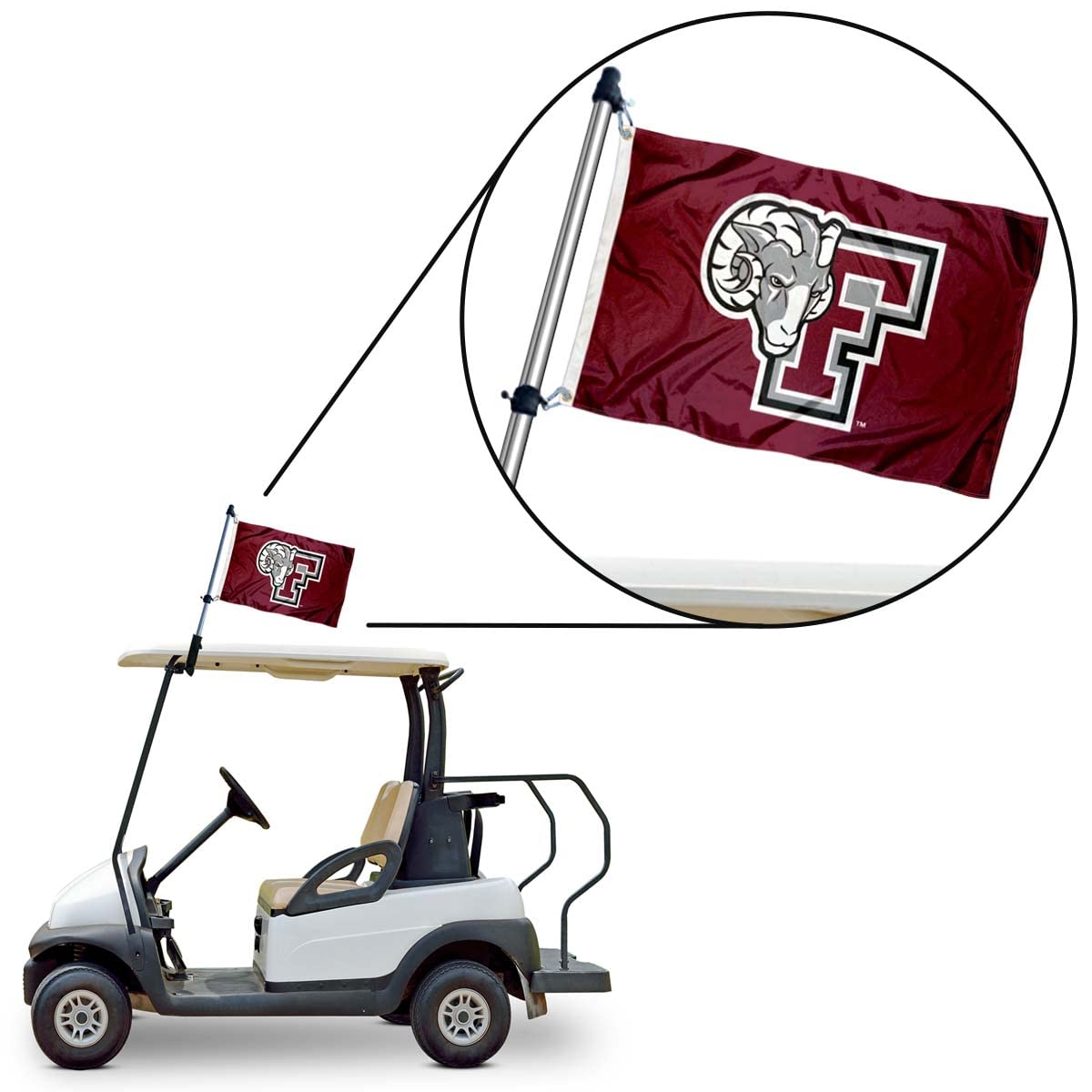 College Flags & Banners Co. Fordham Rams flag set, ideal for carts, ATVs, canopies.