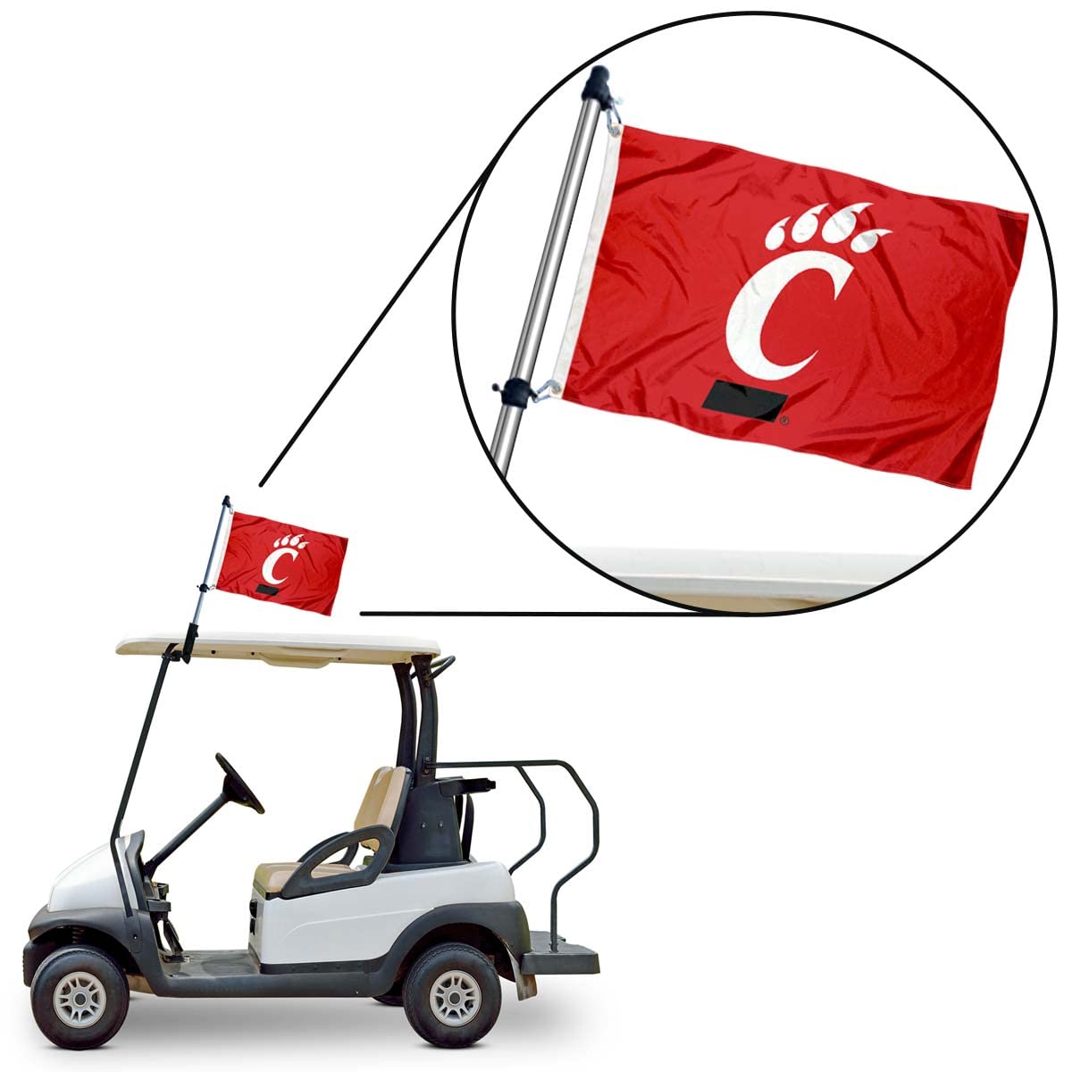 College Flags & Banners Co. Bearcats flag displays readable logos on both sides during events.