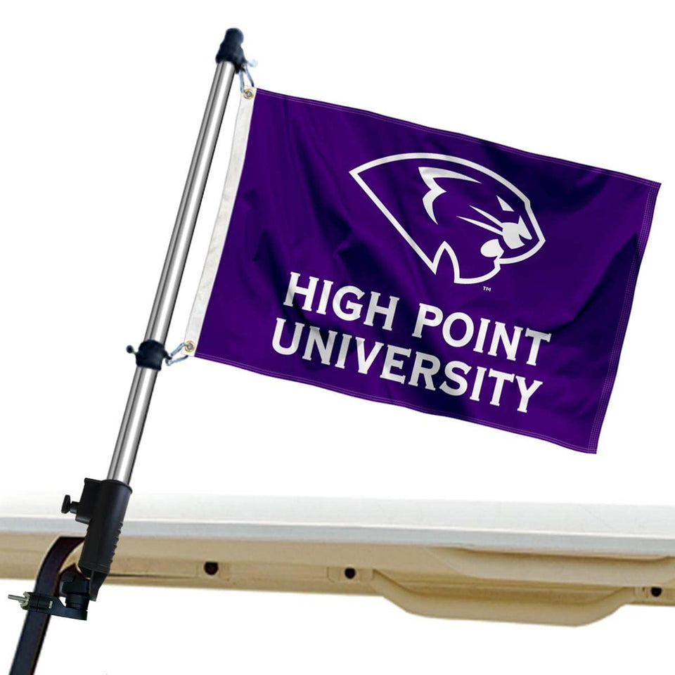 College Flags & Banners Co High Point Panthers flag mounted on golf cart bracket for trail-ready display.