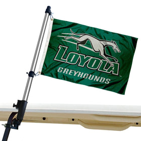 College Flags & Banners Co. Loyola Greyhounds golf cart flag pole and holder mounted on cart.