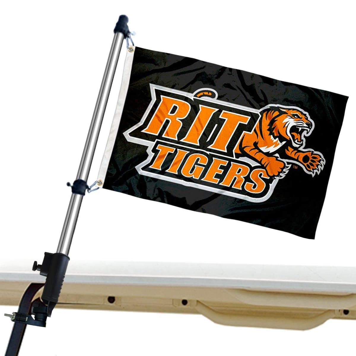 College Flags & Banners Co. RIT Tigers golf cart flag ready for outdoor display.