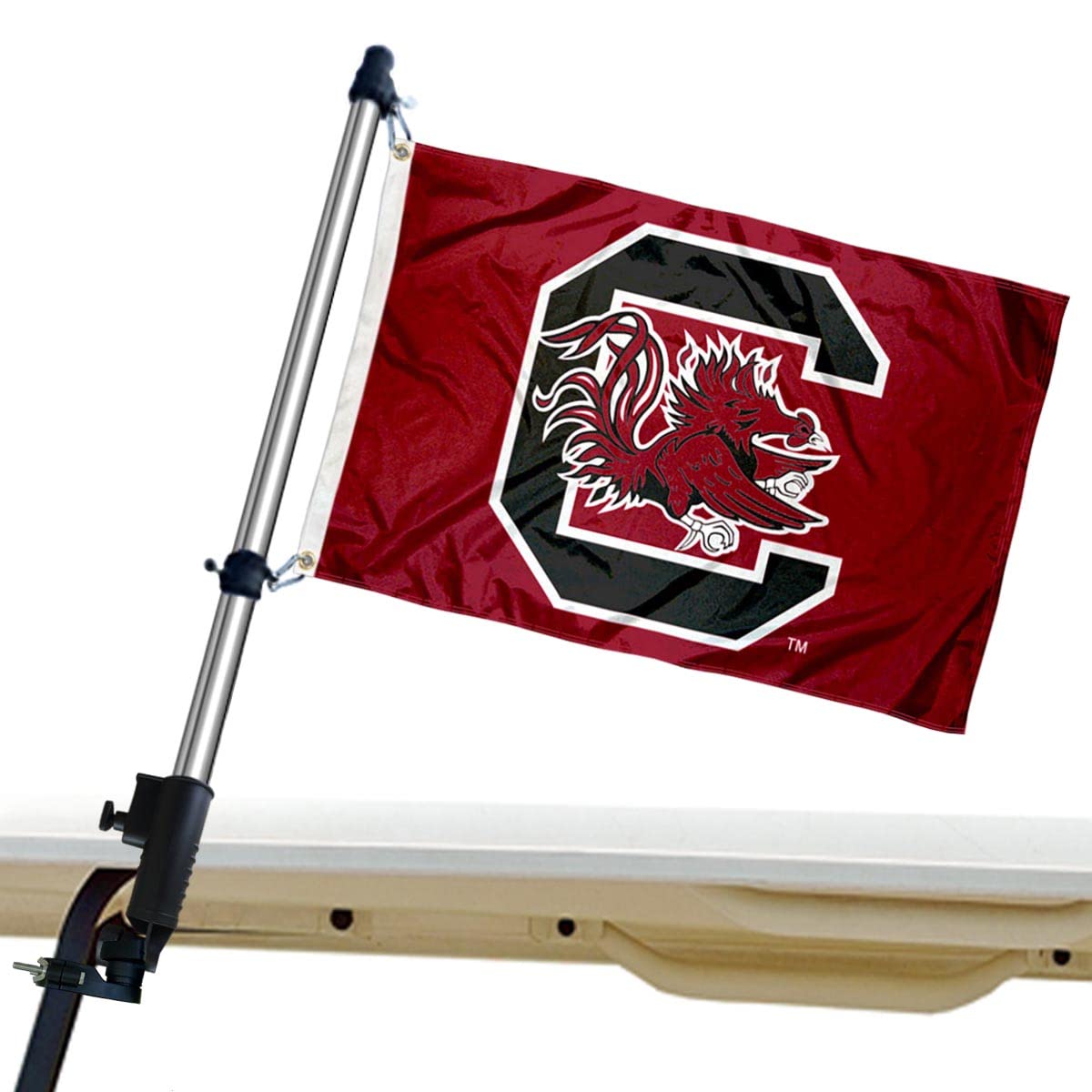 College Flags and Banners Co. South Carolina Gamecocks golf cart flag on vivid display for on-the-go pride