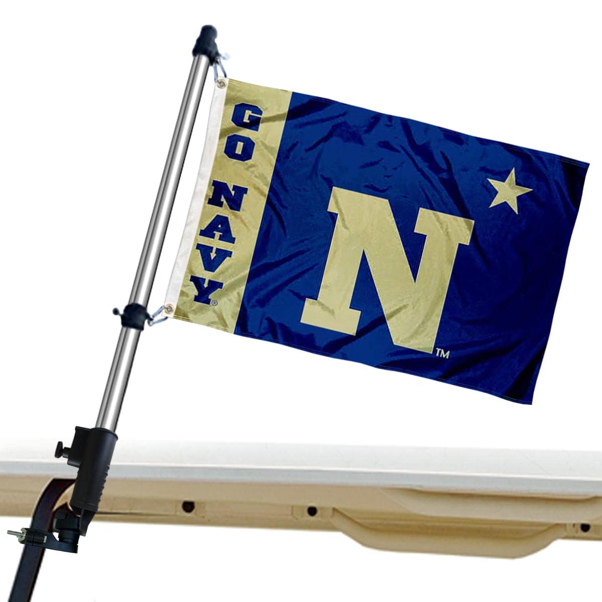 College Flags & Banners Co. US Navy Midshipmen golf cart flag pole mount on a cart for durable display.