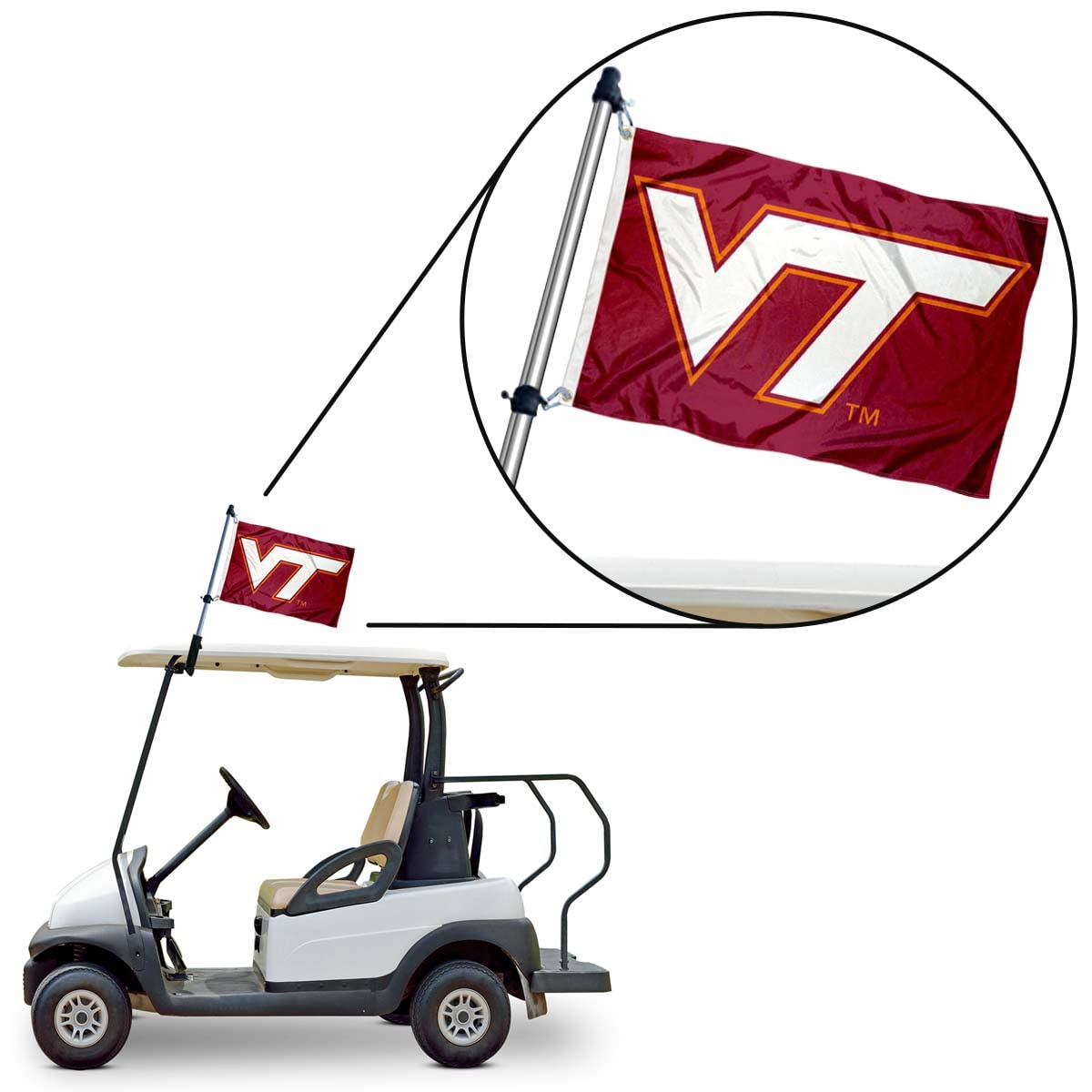 College Flags and Banners Hokies mounted on golf cart canopy for team pride