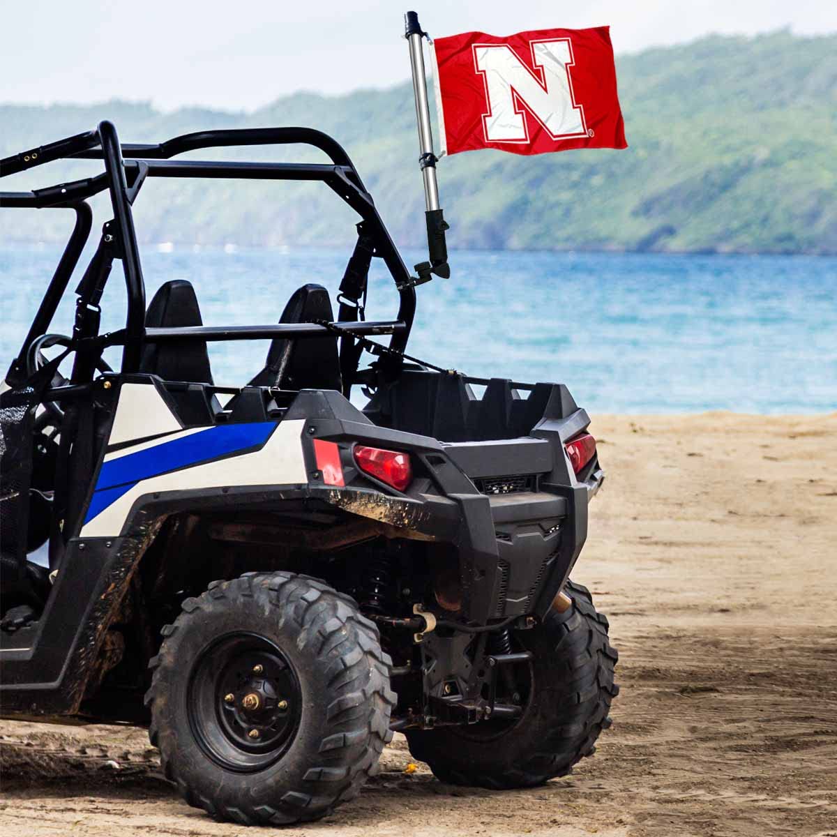 College Flags & Banners Co. Clip hardware allows quick, secure golf cart installation.