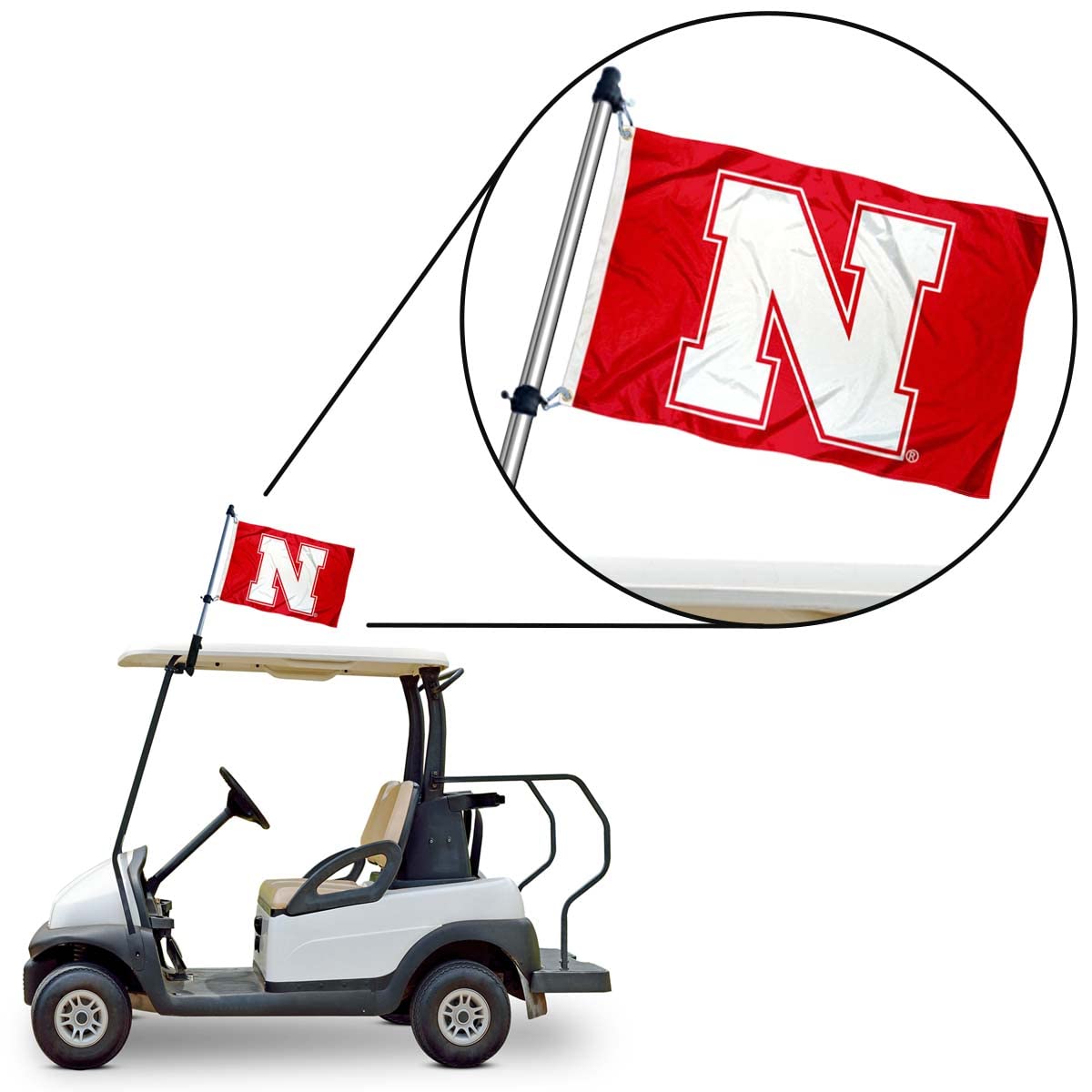 College Flags & Banners Co. Nebraska golf cart display boosts visibility and dual-sided readability.