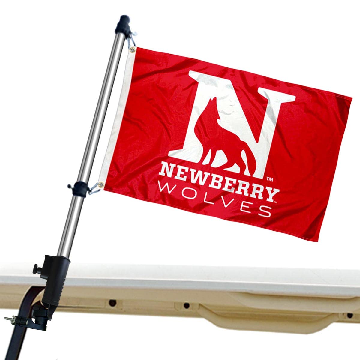 Newberry golf cart flag mount closeup with bracket assembly by College Flags & Banners Co.