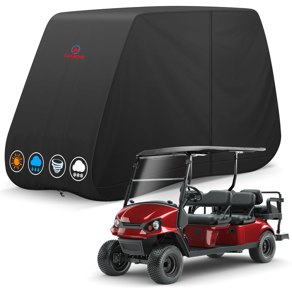 Comnova golf cart cover front view for 6-passenger protection