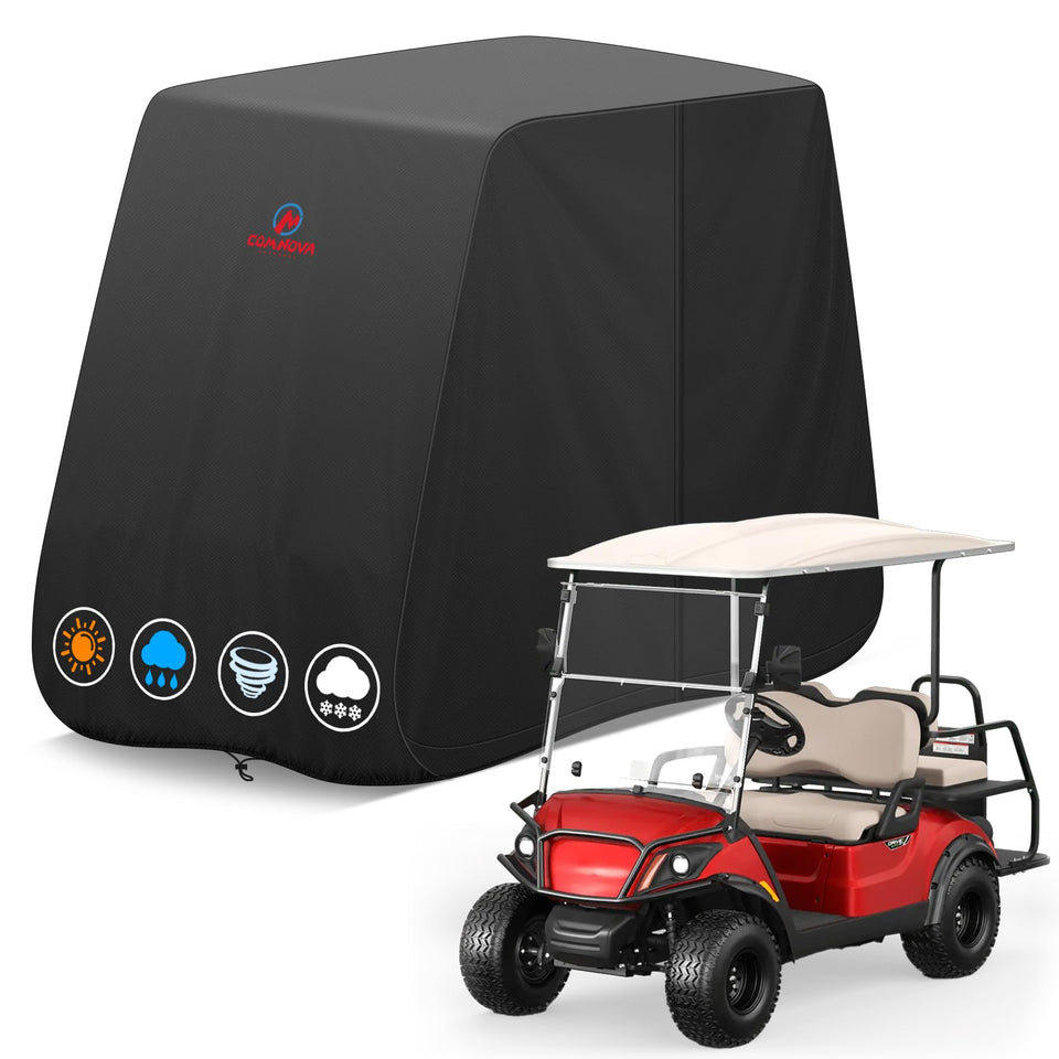 Comnova Outdoors golf cart cover front view showing 4-seat fit and weather protection