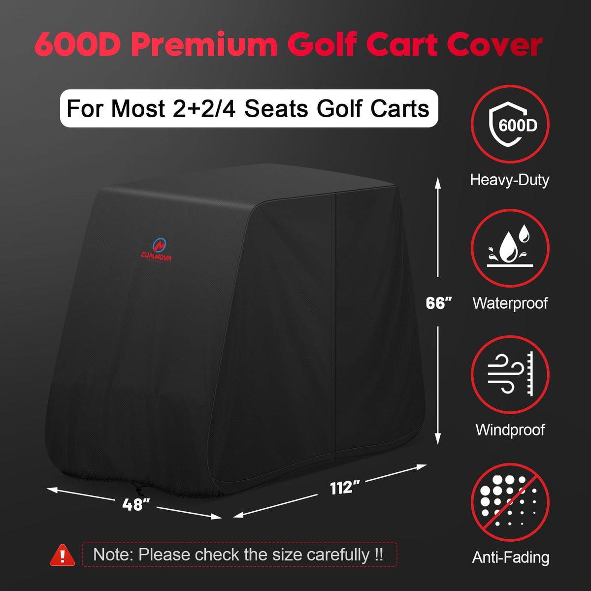 Comnova Outdoors golf cart cover side view highlights easy side-entry zipper for quick access