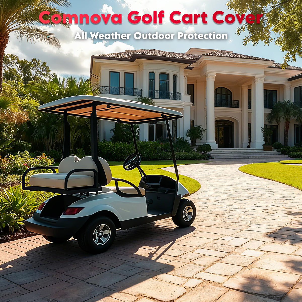 Comnova Outdoors 6-passenger waterproof coating keeps golf cart dry in showers