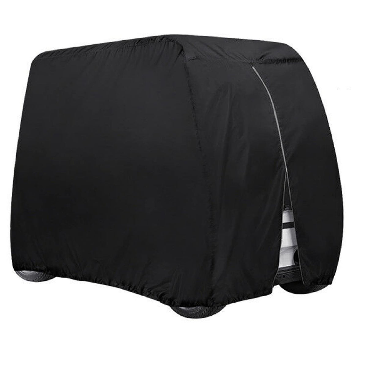 ConPus golf cart cover mounted on cart protecting against rain and wind.