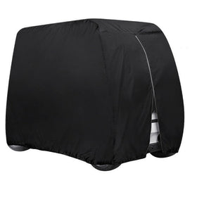 ConPus golf cart cover mounted on cart protecting against rain and wind.