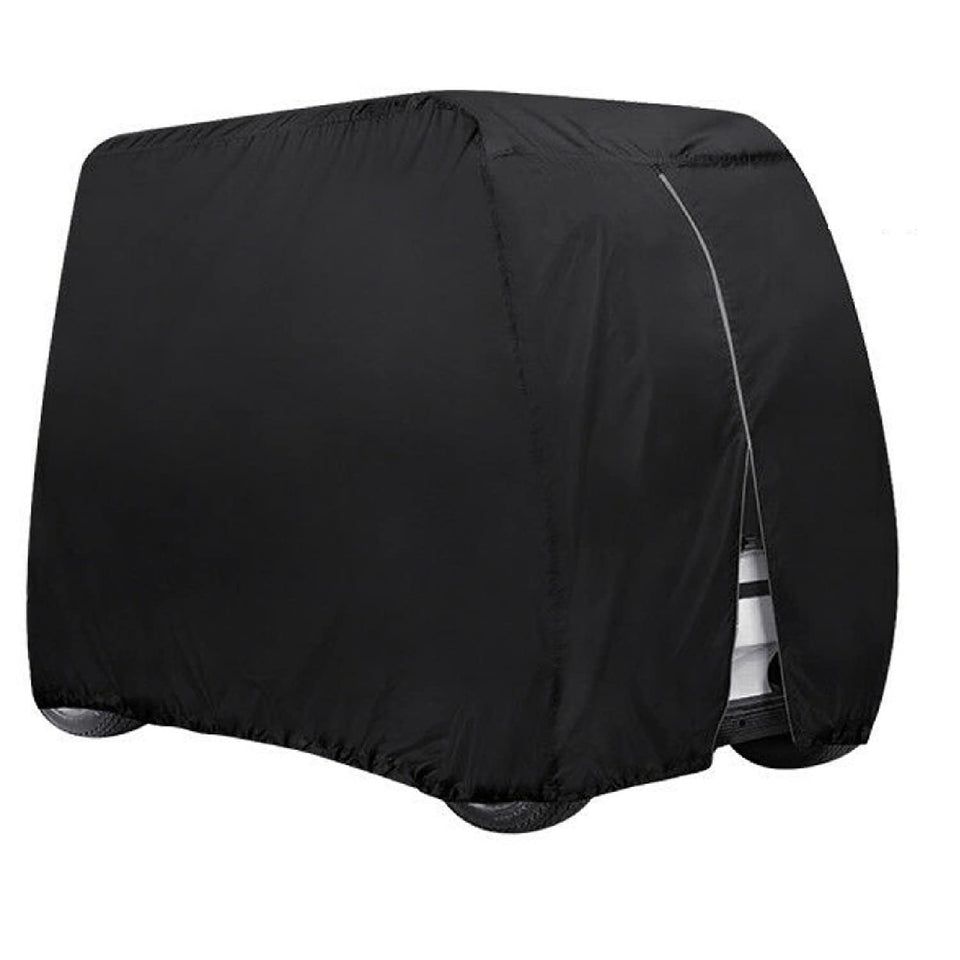 ConPus golf cart cover mounted on cart protecting against rain and wind.