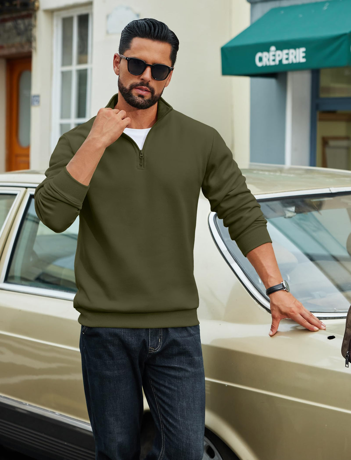 COOFANDY army green lightweight pullover worn by model for everyday style