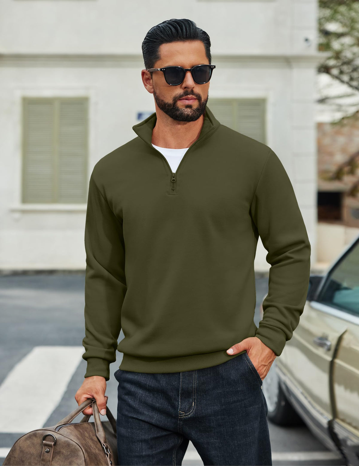 COOFANDY quarter-zip pullover army green back view suitable for casual to business casual