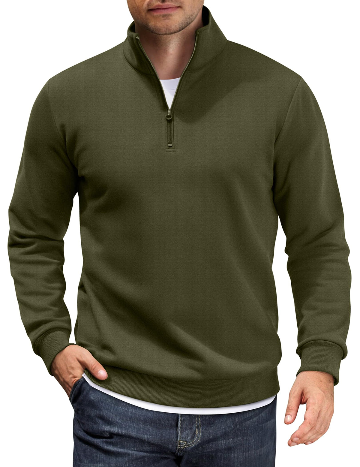 COOFANDY quarter-zip pullover army green front view for versatile fall layering