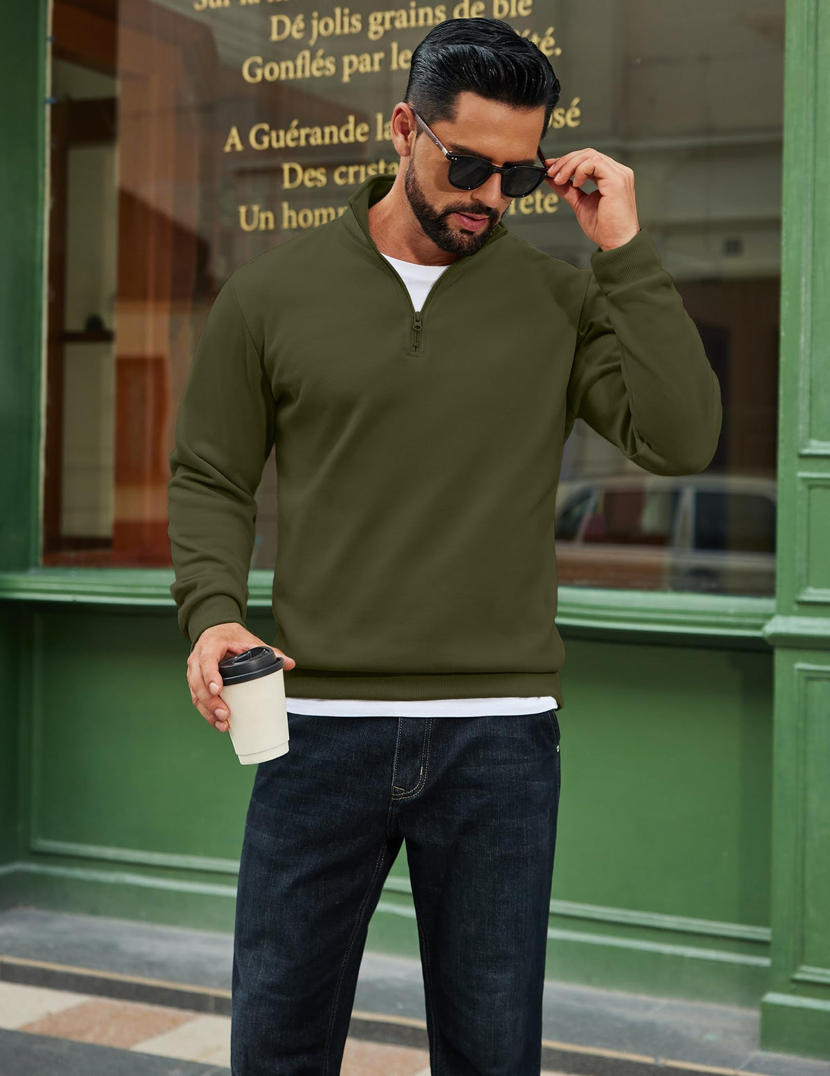 COOFANDY army green quarter-zip with ribbed cuffs detail adds polish