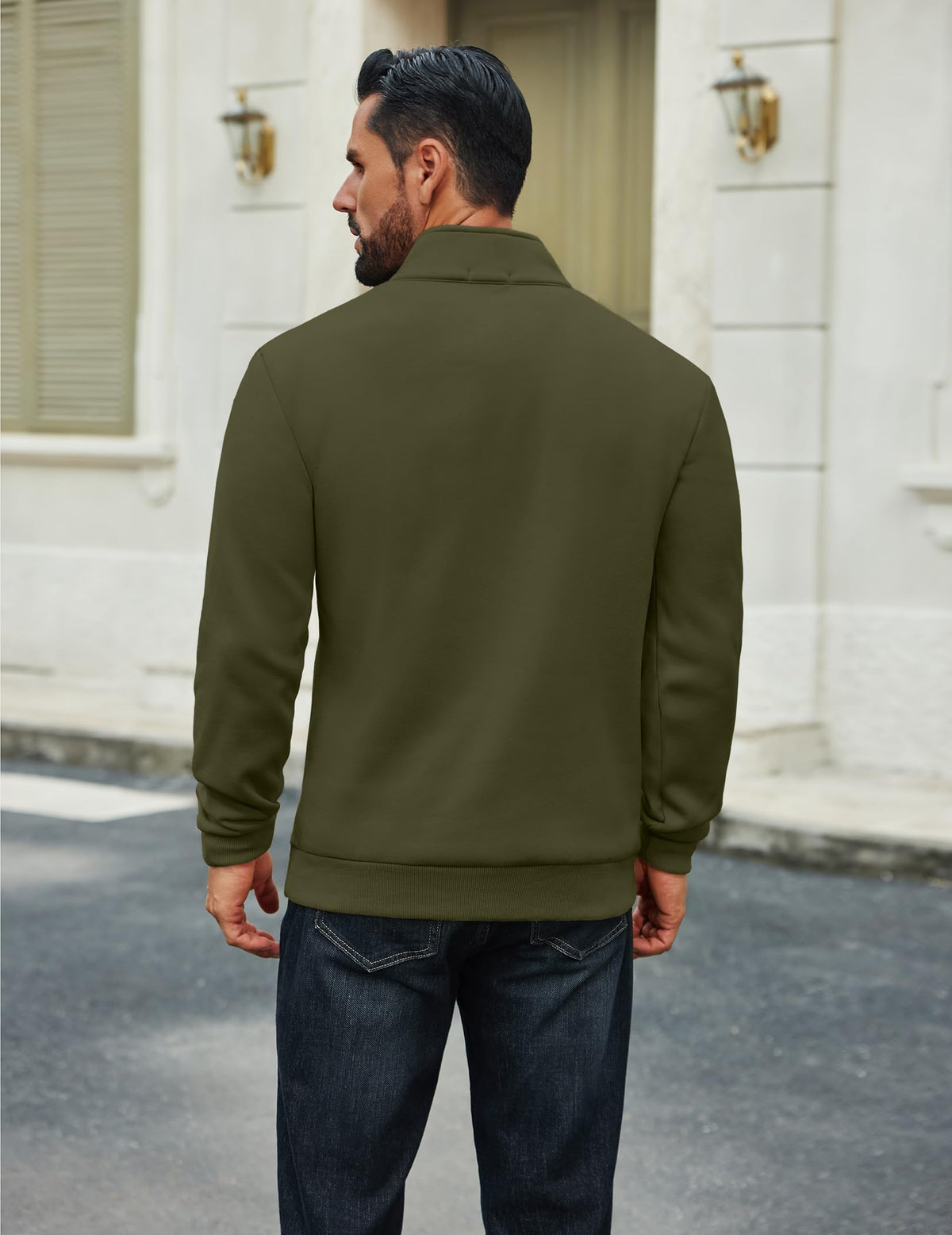 COOFANDY army green quarter-zip showing smooth zipper closure for easy wear