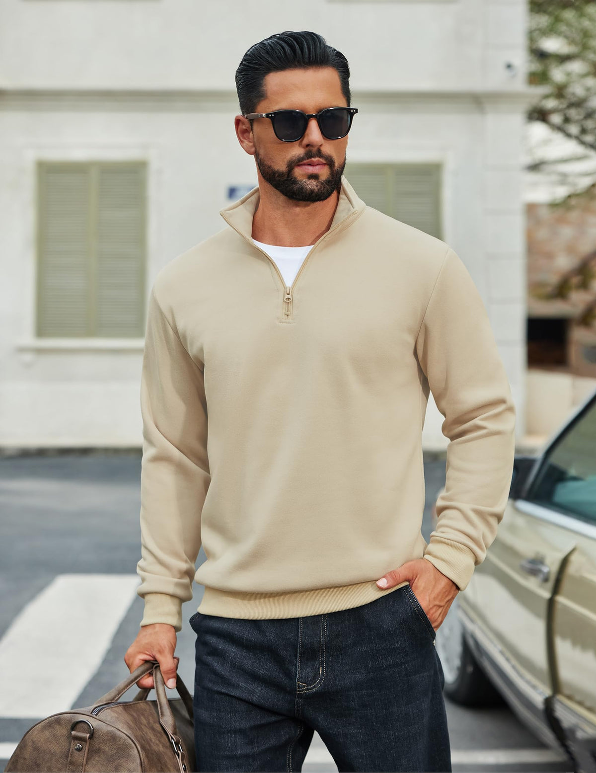COOFANDY khaki pullover worn by model showing easy layering for daily use