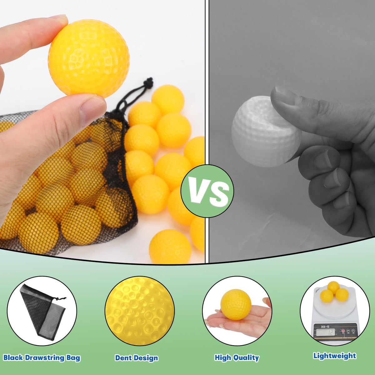 Coopay 42mm diameter golf balls with indentation for realistic feel.