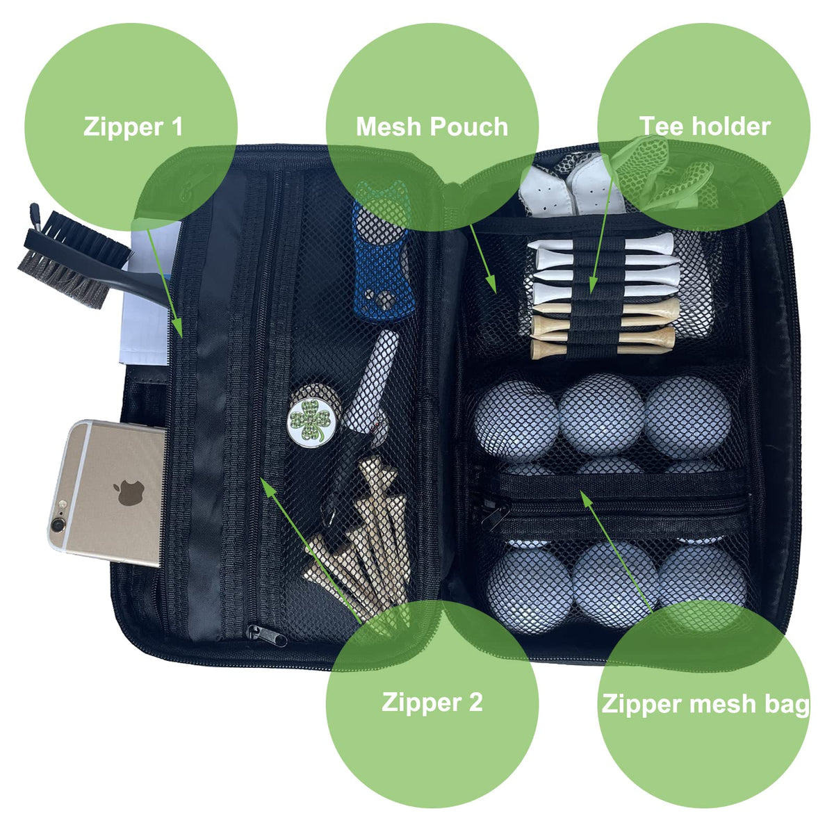 CORECISE Golf Accessory Bag Organizer mesh pocket for glove keeps items accessible.