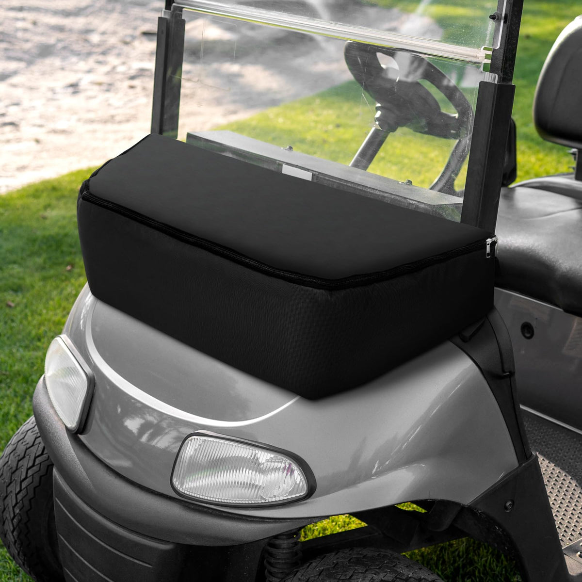 Cosblank black golf cart cooler bag mounted on a cart with easy-access drinks.
