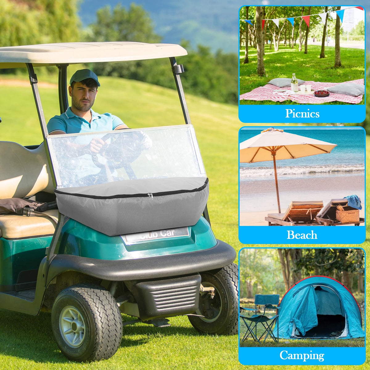 Cosblank gray golf cart cooler bag durable Oxford material and waterproof lining for easy cleaning.