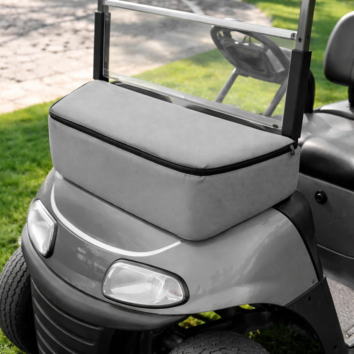 Cosblank gray golf cart cooler bag front-mount for quick drinks on the course.