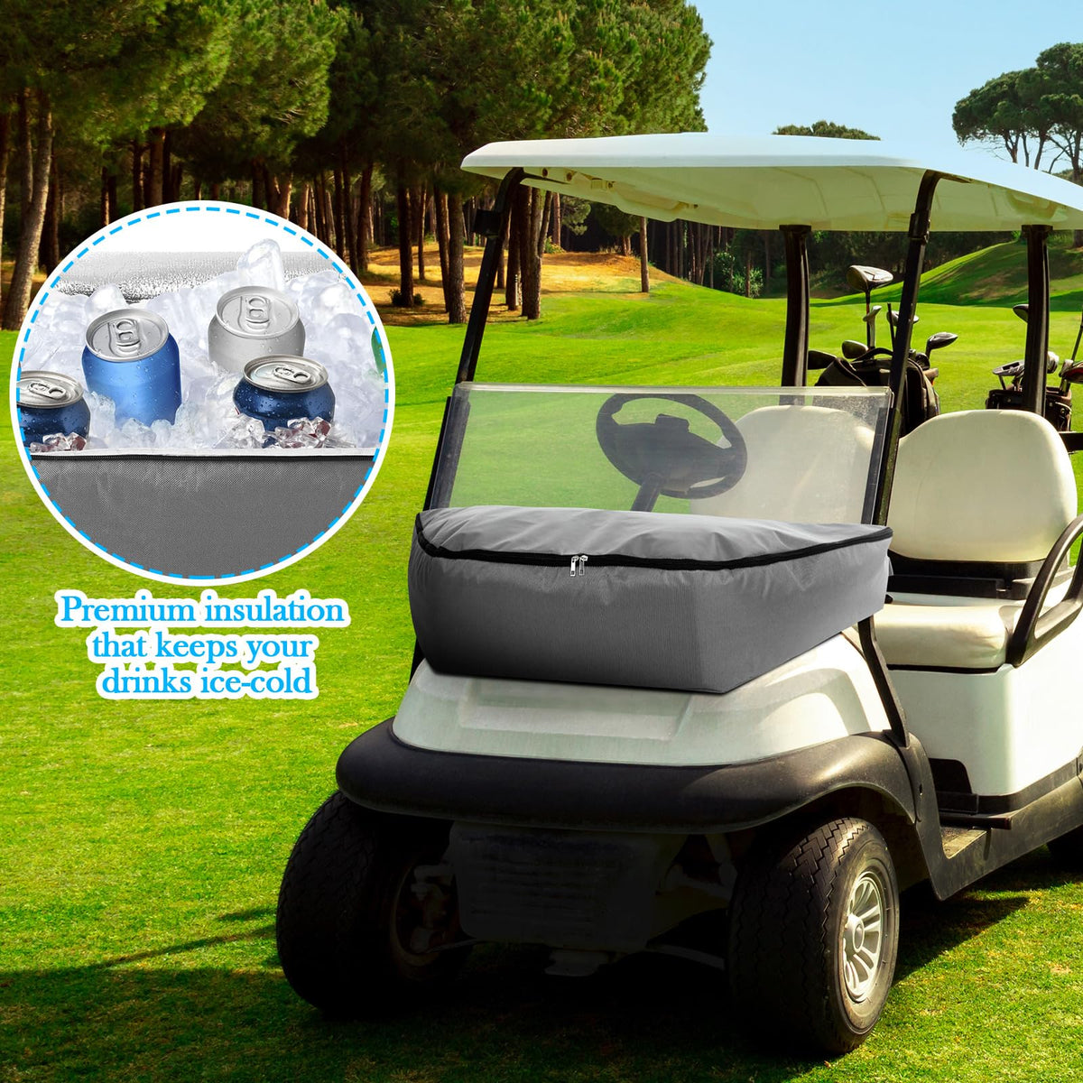 Cosblank gray golf cart cooler bag leak-proof design keeps drinks secure during rides.