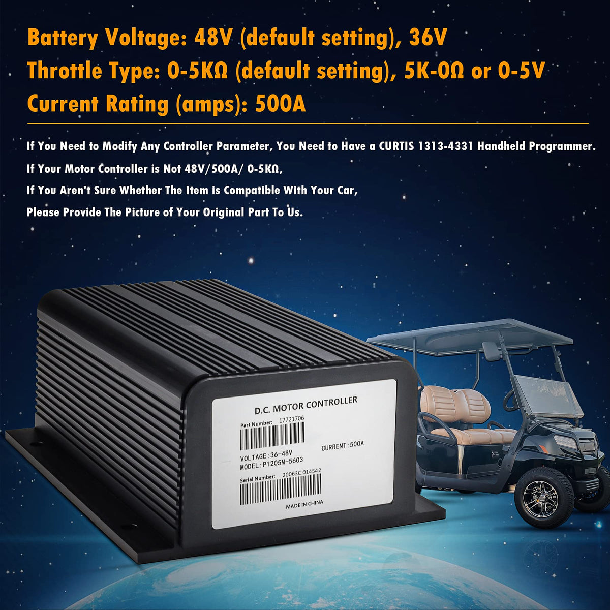 Cotether 1205 controller side view highlights durable enclosure for rugged golf cart use.