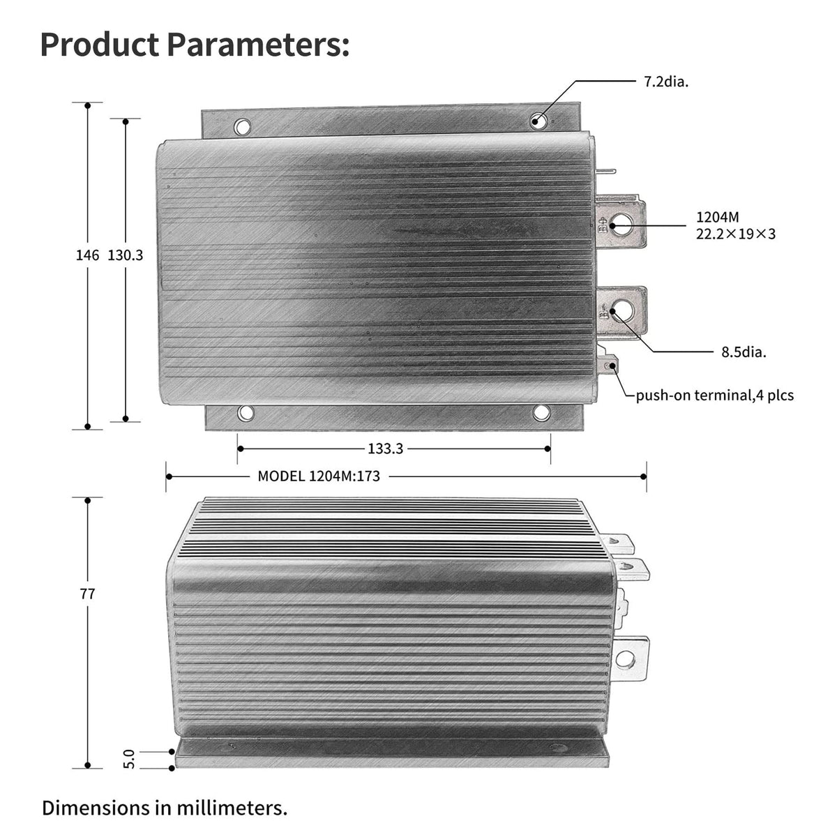 Cotether Curtis 1204M label highlighting 5K-0Ω throttle compatibility