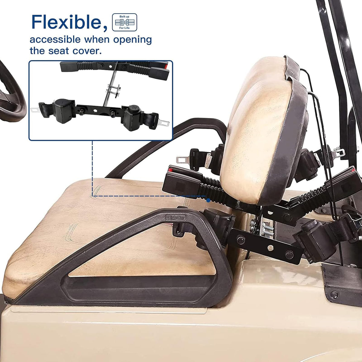 Courage Joy Kindness universal-fit belt on multiple golf cart models.