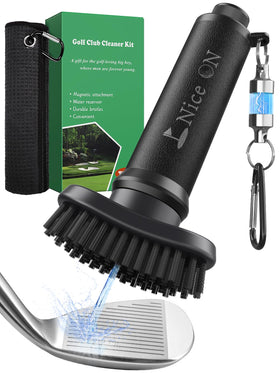 CPZFLYED golf club cleaner brush and towel in use for quick dirt removal on clubs
