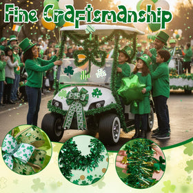 Gold and green garlands frame golf cart at parade