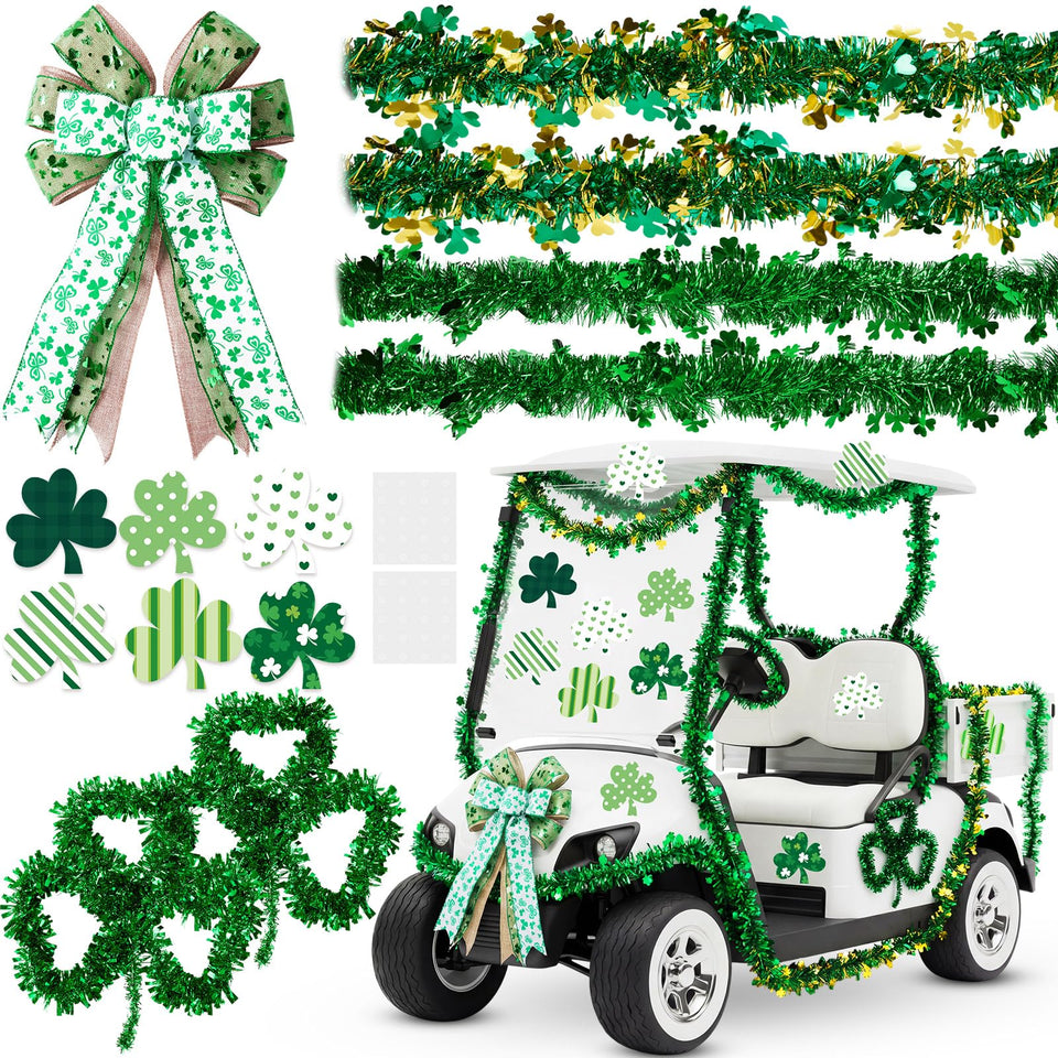 Craftsatin St. Patrick's Day wreath on golf cart adds festive curb appeal