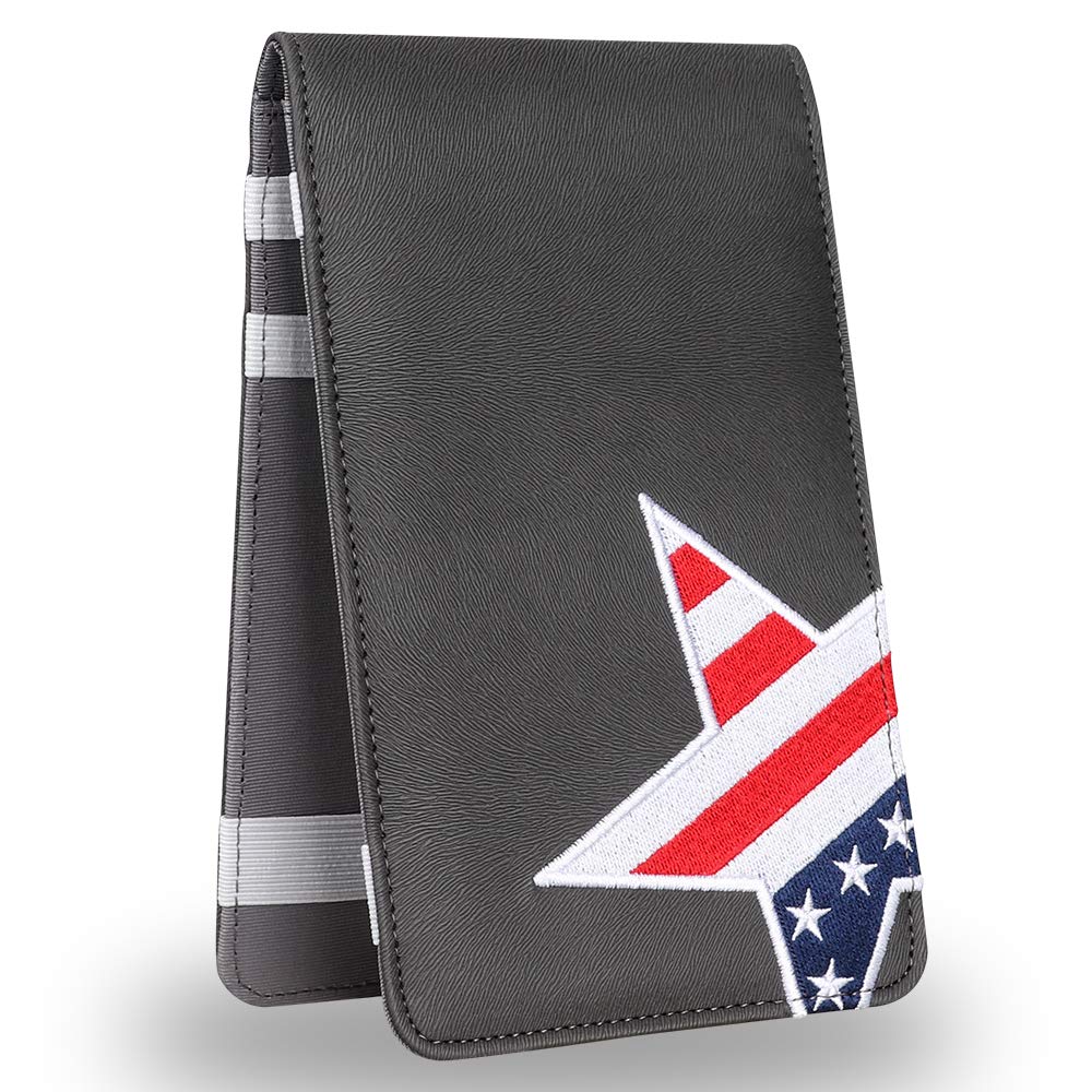 Craftsman Golf leather scorecard holder in gray USA flag design for quick on-course access.