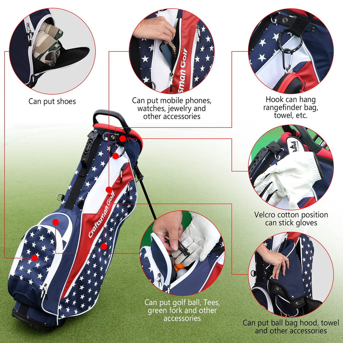 Craftsman Golf bag with patriotic US flag star stripes design