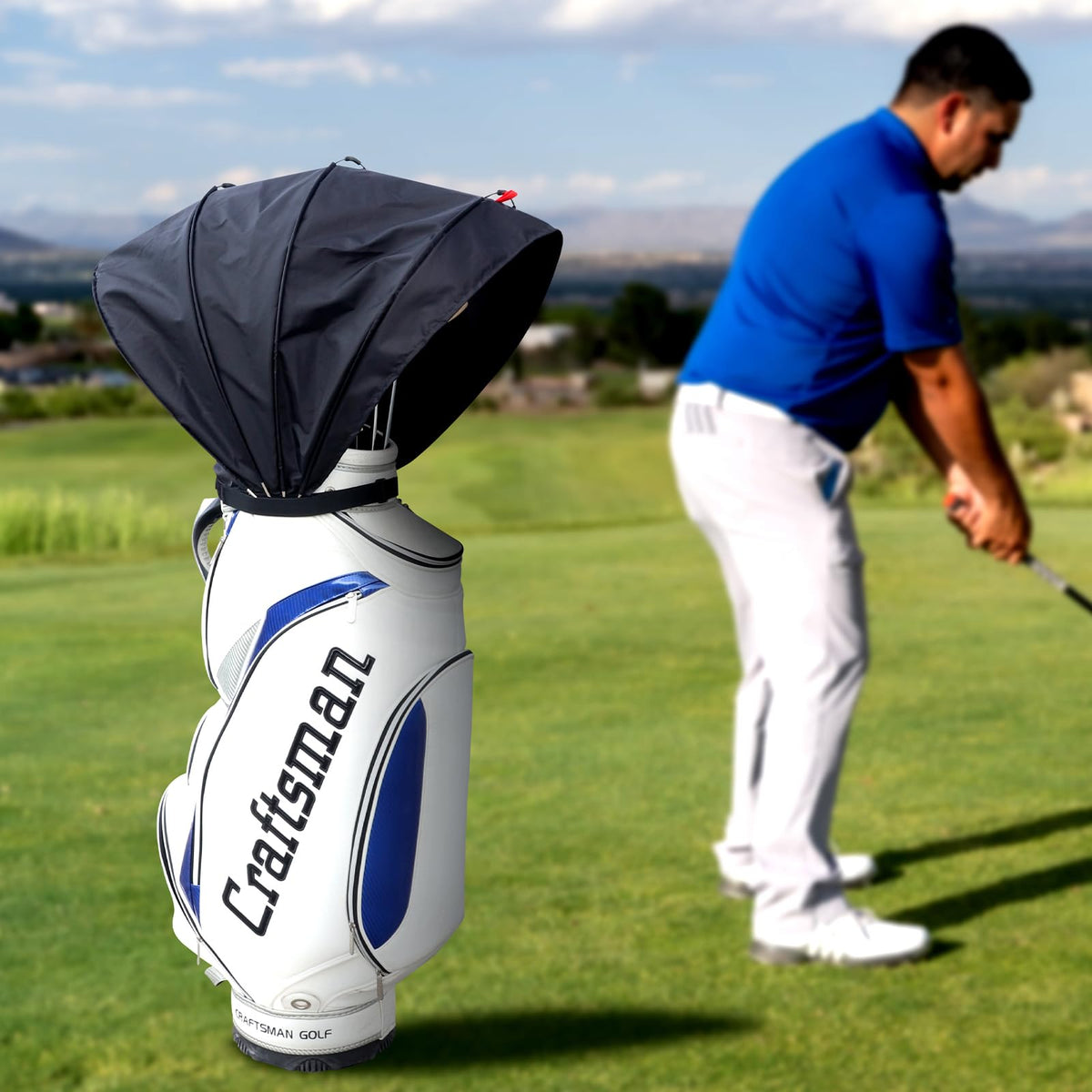 Craftsman Golf rain hood on trolley bag demonstrates quick, easy club access