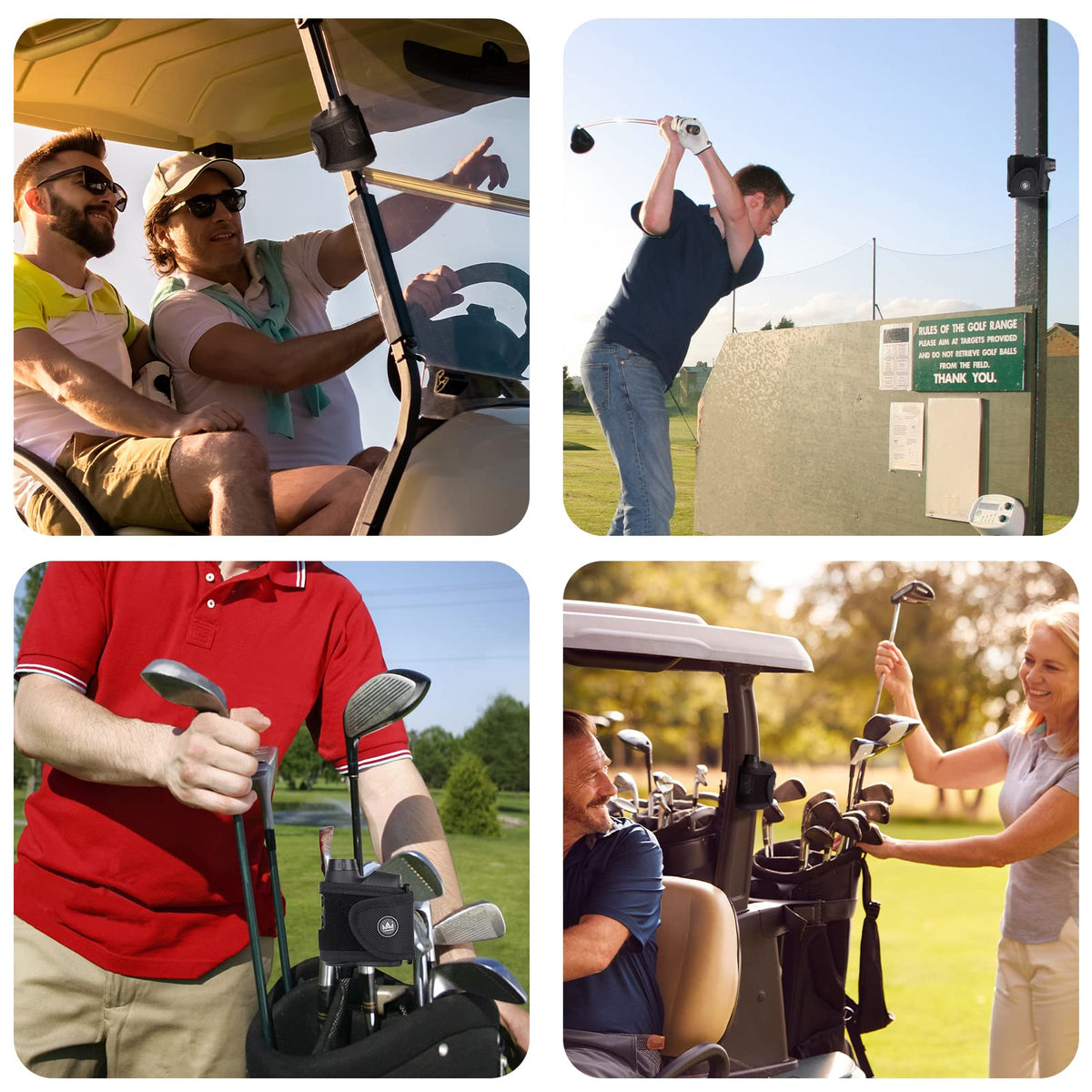 Craftsman Golf universal magnetic strap attached to cart post for steady positioning.