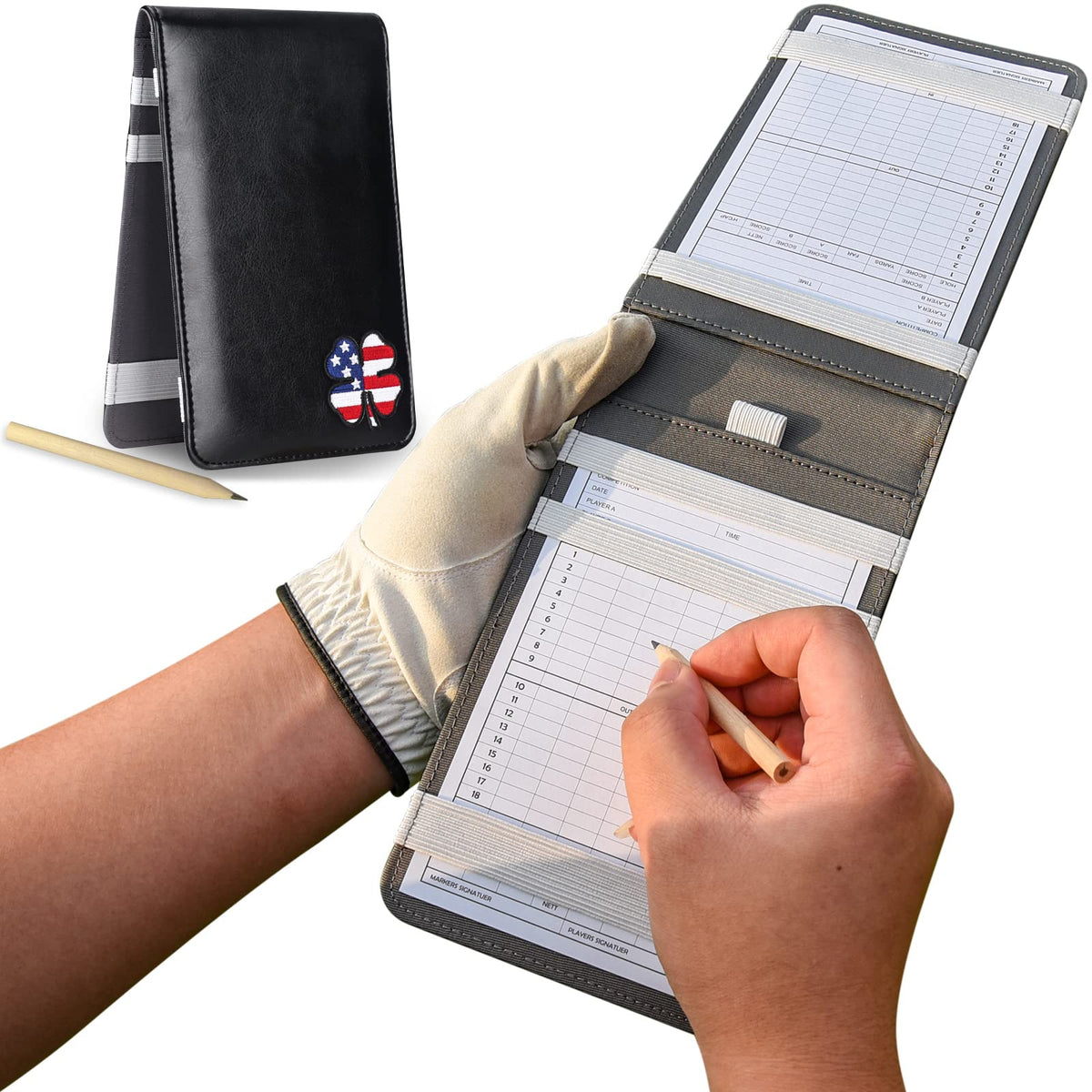 Craftsman Golf USA Clover Leather Scorecard Holder protects scorecards from sweat and scratches.