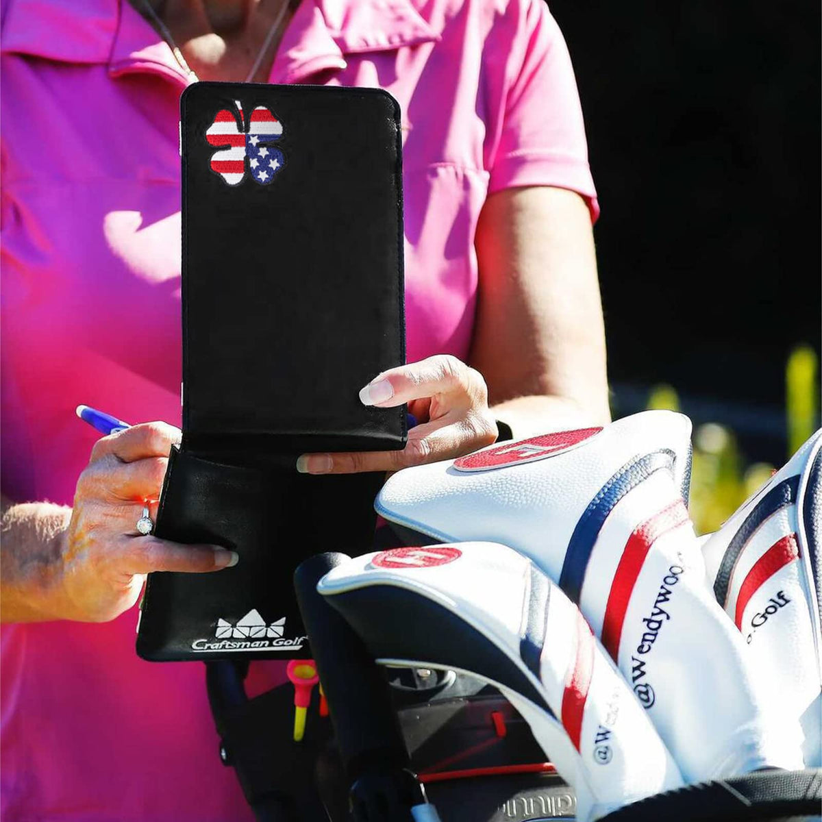 Craftsman Golf Yardage Book Holder keeps essentials organized for on-course checks.