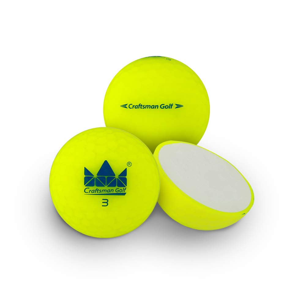 Craftsman Golf yellow ball displays rubber glaze for soft feel on impact.